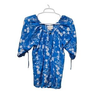 Silk Floral Puff Sleeve Blouse Blue Summer Top XS